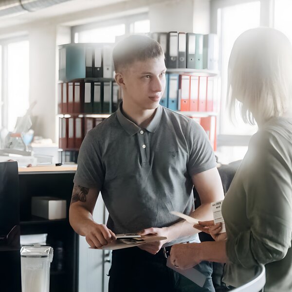 Two professionals exchanging documents in an office setting with filing shelves in the background. | © Photo: Ilja Kagan, 2022