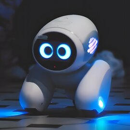 Nahaufnahme eines kleinen weißen Roboters mit leuchtend blauen Augen und Lichtfunktionen in dunkler Umgebung.