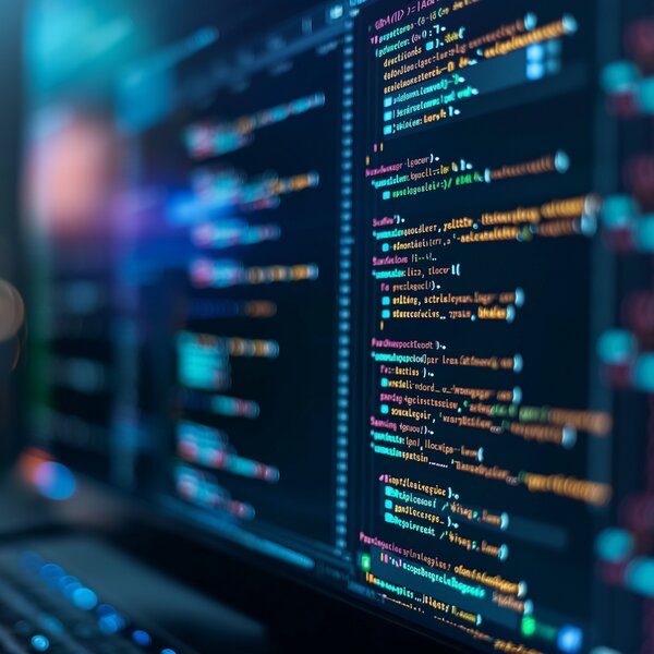 Nahaufnahme eines Monitors mit farbig syntaxhervorgehobenem Code auf schwarzem Hintergrund, unscharf verschwommene Lichter im Hintergrund.
