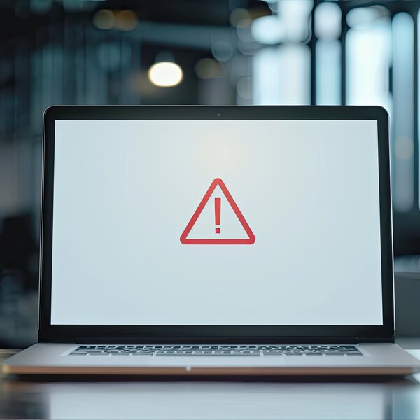 Laptop auf einem Tisch zeigt ein rotes Warndreieck mit Ausrufezeichen auf weißem Bildschirm.