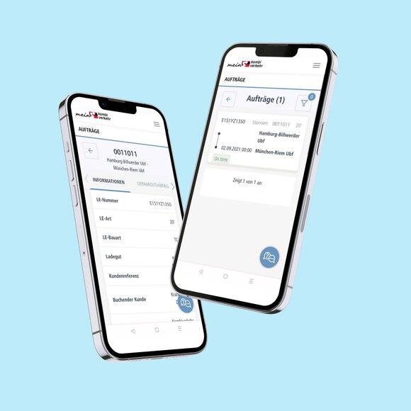 Two smartphones on which a Kombiverkehr customer reference from the Krankikom GmbH portfolio is presented.
